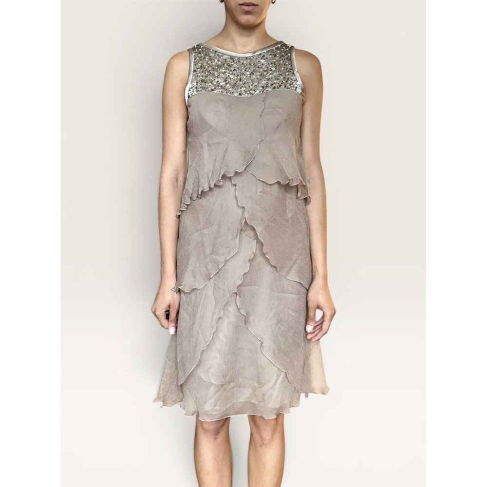 Carlos Miele Silk Sequin Tiered Midi Cocktail Dress IT 40 Taupe Fairycore EUC